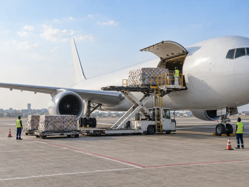 Cargo aircraft beside a raised loader with ground crew in safe zones.