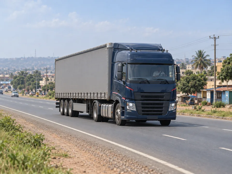 Articulated freight truck travelling on a maintained commercial road.