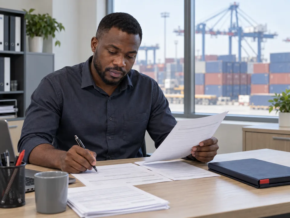 Logistics coordinator reviewing cargo paperwork at a desk.