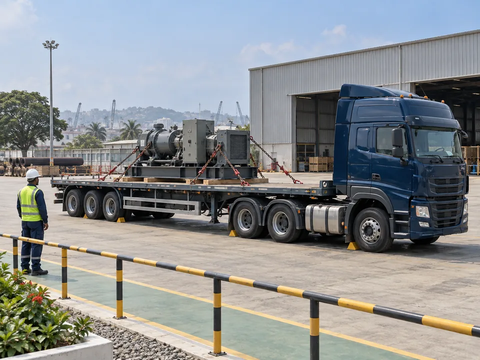 Stationary flatbed truck carrying secured industrial equipment.