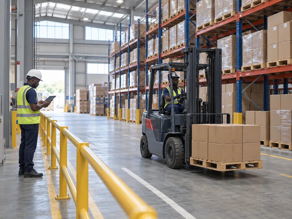 Forklift carrying a low pallet along a marked warehouse lane.