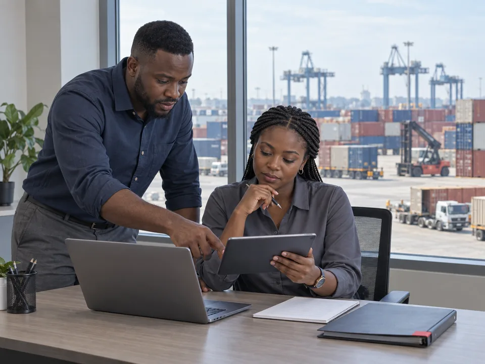 Two logistics professionals reviewing a tablet at a dispatch desk.